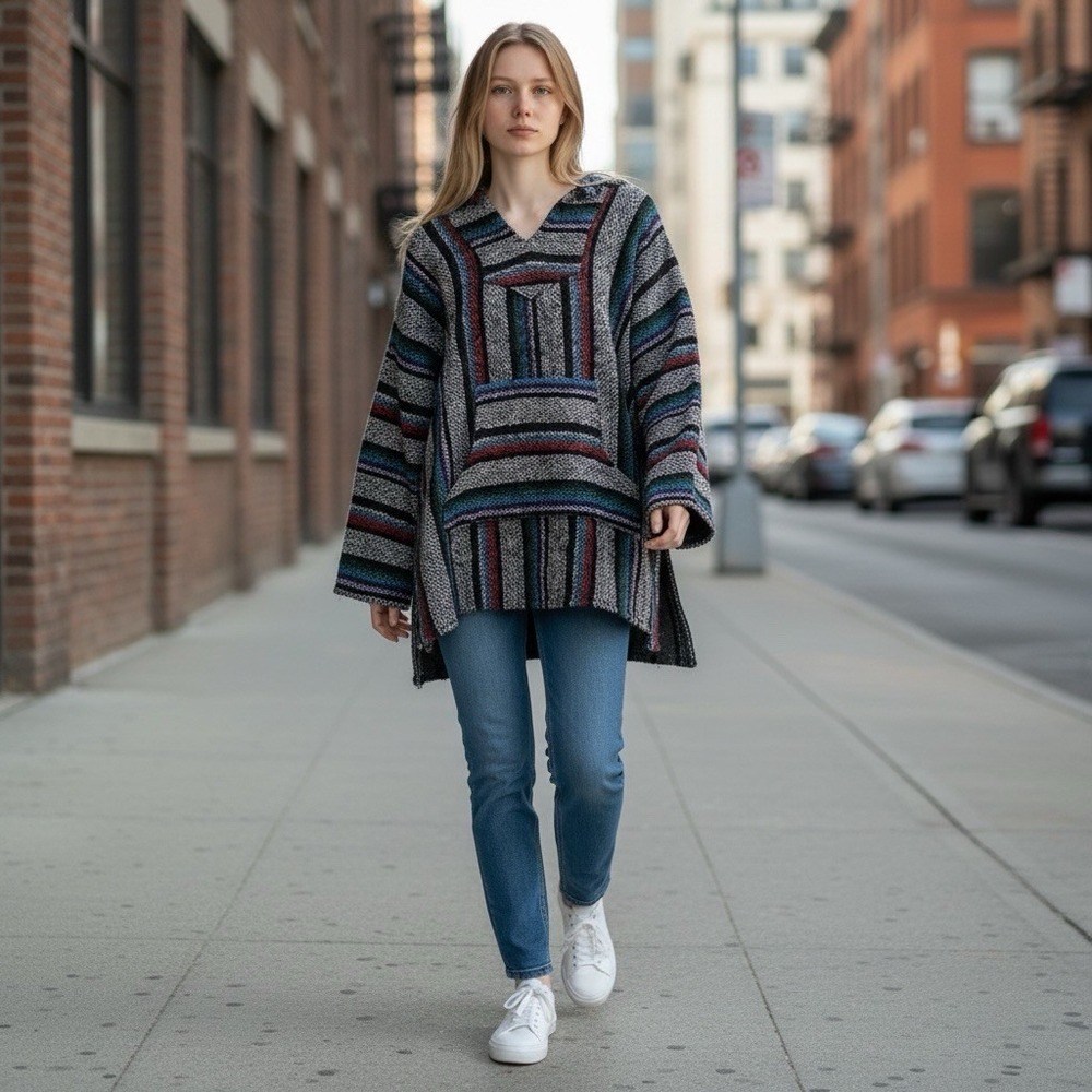 Vintage Franks Textiles Multicolor Striped Baja Hoodie Hippie Poncho Med Sweater - Picture 2 of 11